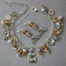I love cats yellow crystal bead charm Bracelet Earrings Set