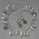 Silver snowflake charm clear crystal bead Bracelet Earrings Set