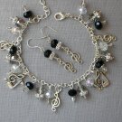 Music note black grey crystal bead charm Bracelet Earrings Set