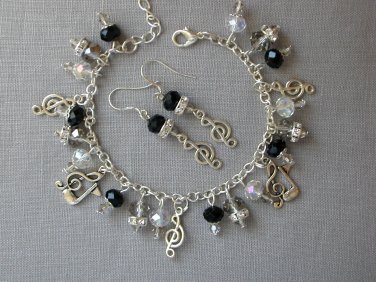 Music note black grey crystal bead charm Bracelet Earrings Set