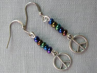 Peace sign charm rainbow iridescent glass bead earrings