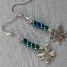 Butterfly charm iridescent blue teal glass bead earrings
