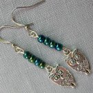 Owl bird charm blue teal glass bead earrings