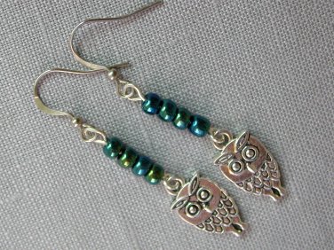 Owl bird charm blue teal glass bead earrings