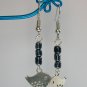 Silver bird charm grey glass bead earrings