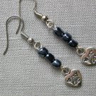 Love my cat heart charm grey glass bead earrings