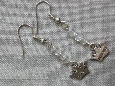 Princess crown charm clear glass bead earrings