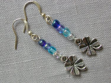 Blue ombre glass bead four leaf clover charm earrings