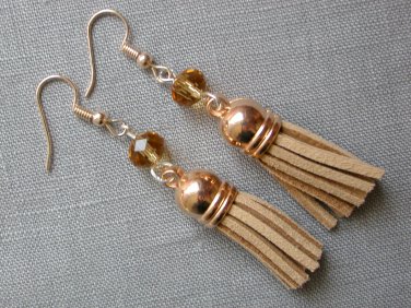 Light brown crystal bead tassel vegan leather rose gold earrings