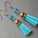 Aqua blue crystal bead rose gold vegan leather tassel earrings Aqua blue crystal bead rose gold vegan leather tassel earrings