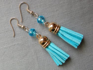 Aqua blue crystal bead rose gold vegan leather tassel earrings