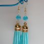 Aqua blue crystal bead rose gold vegan leather tassel earrings