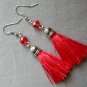 Red crystal rondelle bead tassel silver earrings
