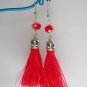 Red crystal rondelle bead tassel silver earrings