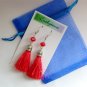 Red crystal rondelle bead tassel silver earrings