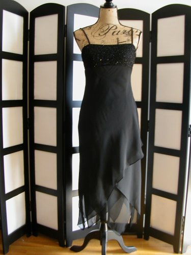 Eva Blue black bead handkerchief asymmetrical empire black dress size 6