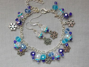 Royal blue aqua snowflake charm crystal bead Bracelet Earrings Set