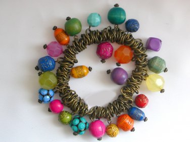 Chunky colorful rainbow bead stretch bracelet connected by metal chain