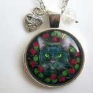 Black Cat rose flower cabochon charm pendant necklace Black Cat rose flower cabochon charm pendant necklace