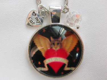 Angel Cat heart cabochon charm pendant necklace