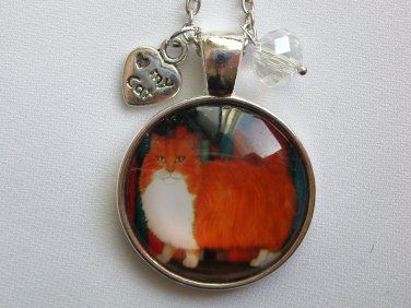 Ginger orange and white fat Cat cabochon charm pendant necklace