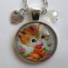 Cute Orange tabby Cat with daisy cabochon charm pendant necklace