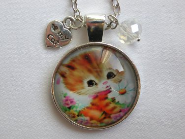 Cute Orange tabby Cat with daisy cabochon charm pendant necklace