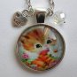Cute Orange tabby Cat with daisy cabochon charm pendant necklace