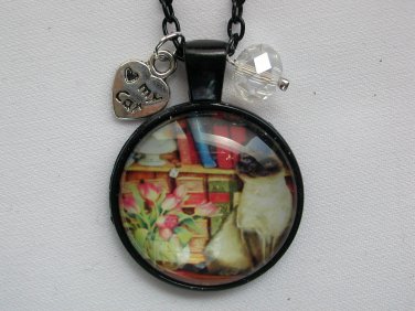 Siamese Cat flower bookcase cabochon charm pendant necklace