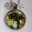 Black Cat on bookshelf cabochon charm pendant necklace