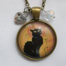French Black Cat against orange cabochon charm pendant necklace French Black Cat against orange cabochon charm pendant necklace