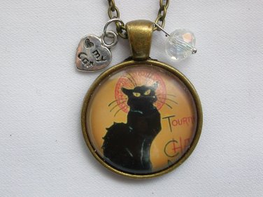 French Black Cat against orange cabochon charm pendant necklace