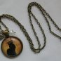 French Black Cat against orange cabochon charm pendant necklace