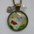 White Cat orange butterfly cabochon charm pendant necklace