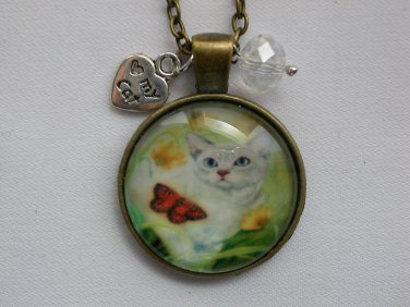 White Cat orange butterfly cabochon charm pendant necklace