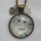 Light Grey Cat pink flower cabochon charm pendant necklace Light Grey Cat pink flower cabochon charm pendant necklace