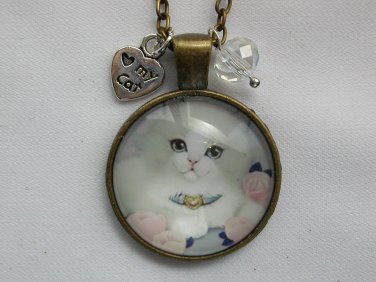 Light Grey Cat pink flower cabochon charm pendant necklace