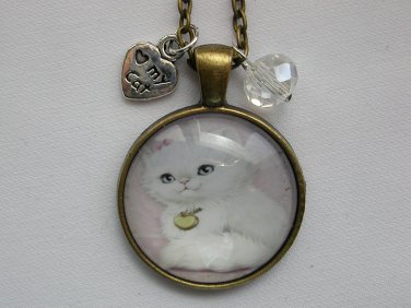 White Persian Cat cabochon charm pendant necklace
