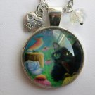Black Cat bird purple coneflower cabochon charm pendant necklace Black Cat bird purple coneflower cabochon charm pendant necklace