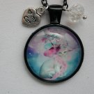 White Cat pink blue masquerade cabochon charm pendant necklace White Cat pink blue masquerade cabochon charm pendant necklace