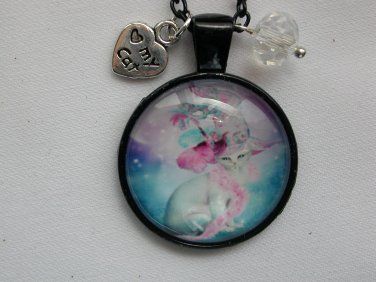 White Cat pink blue masquerade cabochon charm pendant necklace