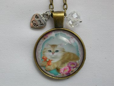 Ginger orange long hair Cat flower cabochon charm pendant necklace