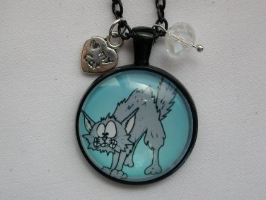 Grey scaredy Cat blue cabochon charm pendant necklace