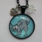 Grey scaredy Cat blue cabochon charm pendant necklace