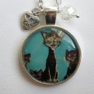 Singing happy cartoon Cat blue cabochon charm pendant necklace Singing happy cartoon Cat blue cabochon charm pendant necklace