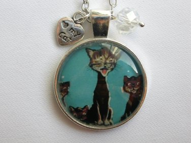 Singing happy cartoon Cat blue cabochon charm pendant necklace