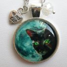 Green eyed Cat blue moon cabochon charm pendant necklace