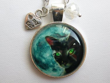 Green eyed Cat blue moon cabochon charm pendant necklace