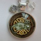 Celtic grey Cat on brown cabochon charm pendant necklace Celtic grey Cat on brown cabochon charm pendant necklace