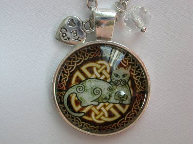Celtic grey Cat on brown cabochon charm pendant necklace